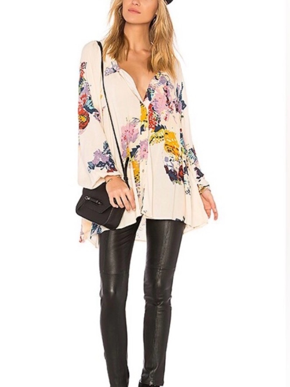 Free People Cream Floral Button-Down Tunic
